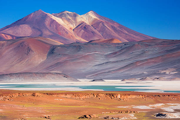 "The salt lake Salar de Talar with surrounding volcanoes in the Atacama Desert, Chile."